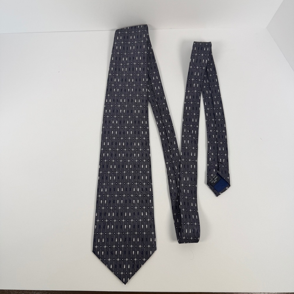 Carlos Devenezia Mens Silk Necktie Grey Navy Blue Geometric Hand Made Tie